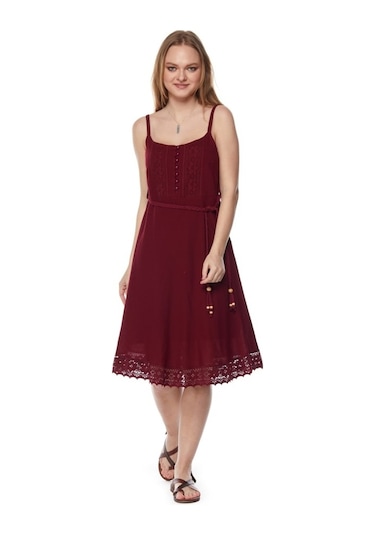 Şile Bezi Bordo Askılı Kemerli Elbise Bordo