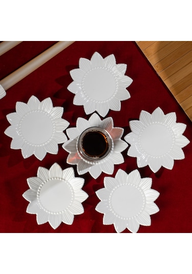 Porsima 2338 Güneş Motifli 6'lı Porselen Çay Tabağı Seti Beyaz