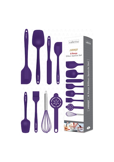 Valletta Drongo Isıya Dayanıklı Yanmaz Yapışmaz Silikon Spatula Seti 8 Parça Mor