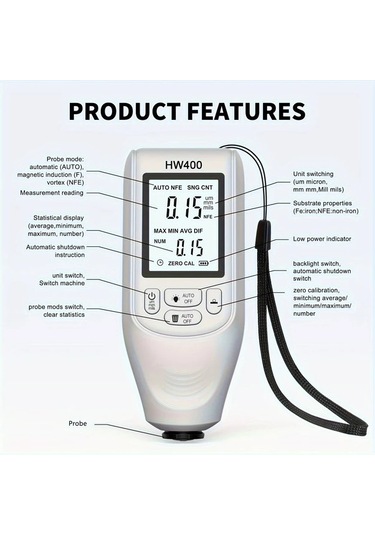 Beyaz Hw400 Yüksek Hassasiyetli Dijital Kaplama Kalınlık Ölçer, Çift Fe & Nfe Uçlar, 0-2000um Ölçüm Aralığı, Abs Malzeme, Pil İle Çalışır, Montaj Gerektirmez, Otomotiv Boya Ve Metal Kaplama Testi İçin