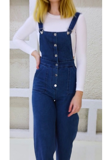 Önden Düğmeli Enzim Kumaş Salopet & Tulum Lacivert