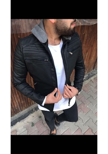 Oliggopol Erkek Günlük Spor Deri Ceket Kapşonlu Vol... Siyah