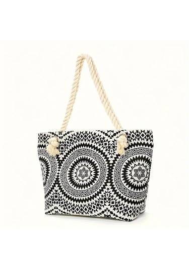 Geometrik Desenli Seyahat Çantası, Büyük Kapasiteli Kanvas Fermuarlı Plaj Çantası Siyah Çiçekli Çok Renkli