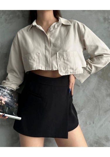 Poplin Crop Gömlek Bej S3060 Bej