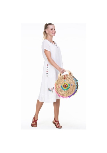 Kısa Kol Şile Bezi Mehtap Midi Boy Nakış Detaylı Elbise Krem Krm-krem