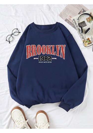 Brooklyn 1982 Sweatshirt - Lacivert Baskılı Oversize Bisiklet Yaka Lacivert