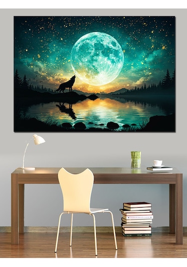 Dolunay Manzarasında Uluyan Kurt Dekoratif Kanvas - Mdf Ahşap Tablo