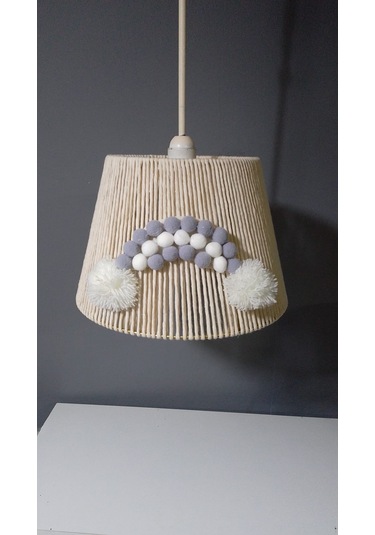 Ekru Makrome Avize Abajur Set Çocuk Odası Avize Bebek Odası Avize Ponpon Gökkuşağı Ekru