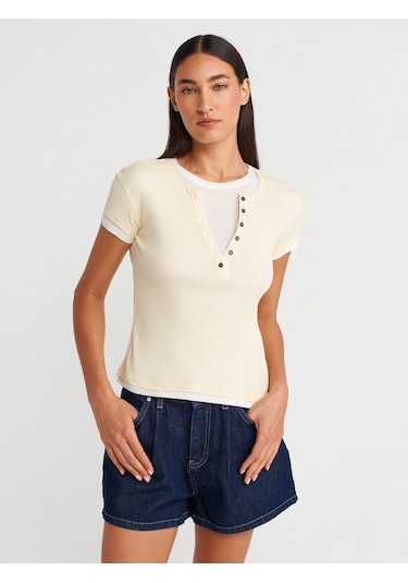 Dilvin 31783 Çift Katlı Düğmeli T-shirt-açık Sarı Açık Sarı