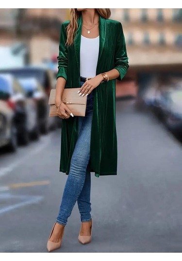 Kadın Uzun Kollu Önü Açık Kolları Uzun Midi Ceket Yeşil