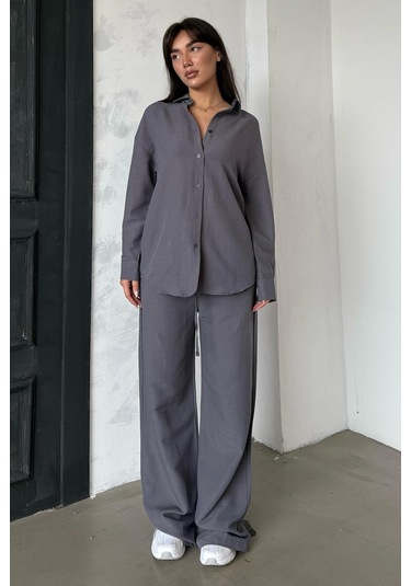 Madmext Füme Keten Kadın Gömlek Pantolon İkili Takım Mg2356 Füme