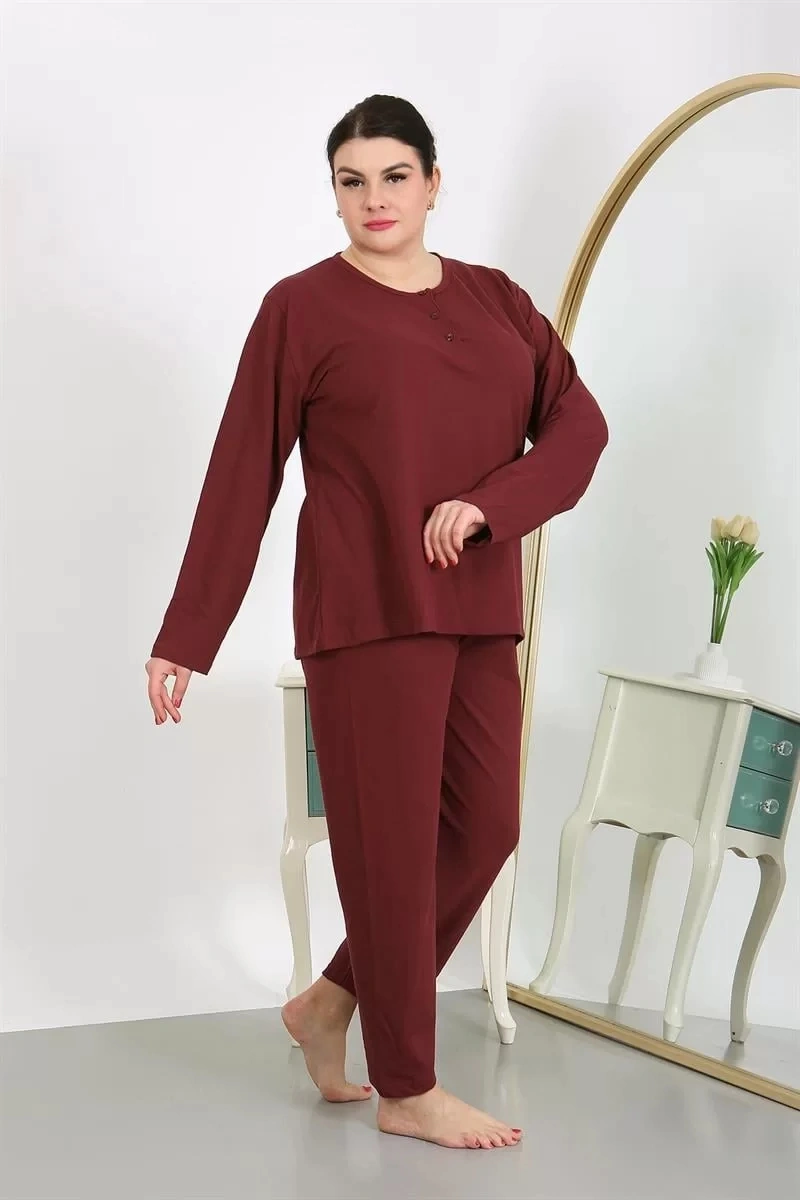 Moda Kadın Büyük Beden Uzun Kol Penye Pijama Takımı Bordo Bordo