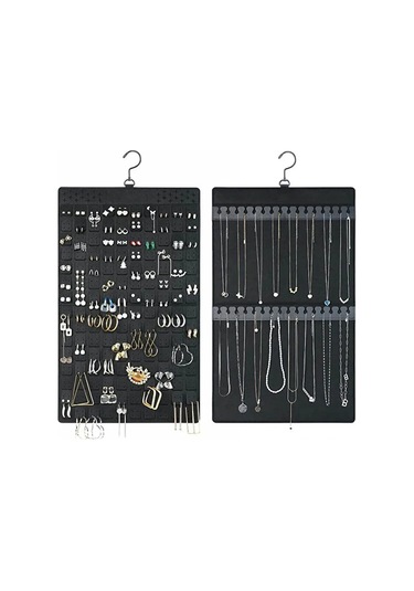 Kangvka Felt Materyal Kapaklı Çift Taraflı Mücevher Organizer - Duvar Takılı Kolye, Bilezik, Küpe Ve Yüzük Saklama Kutusu Siyah