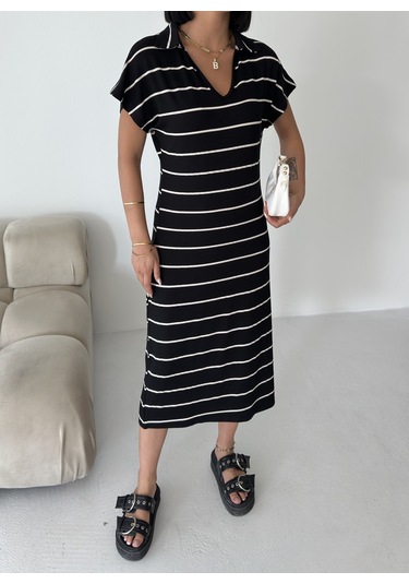 Kadın Pamuklu Polo Yaka Çizgili Elbise Siyah