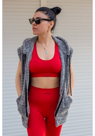 Kadın Gri Peluş Kalın Fermuarlı Kapüşonlu Yelek 23kylkmy01 001