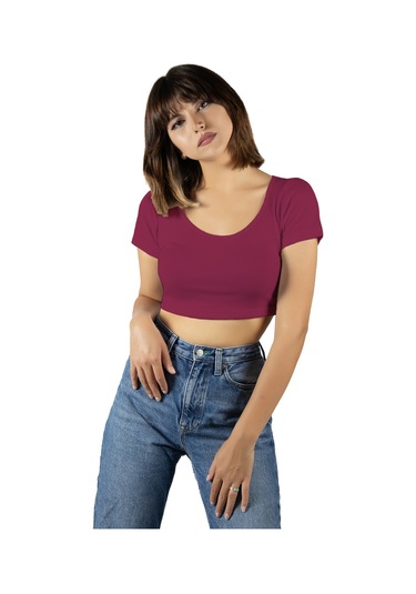 Fuşya Havuz Yaka Fitted/vücuda Oturan Kısa Kol Crop Tişört Fuşya