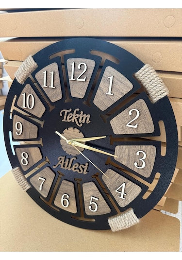 İsim Yazılabilir Ahşap Dekoratif Halatlı Duvar Saati Siyah-ahşap