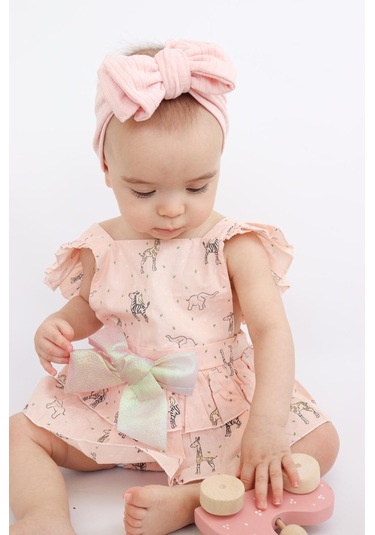 Kız Bebek Pudra Pembe Renk Özel Gün Fiyonklu Çıtçıtlı Tulum Pembe