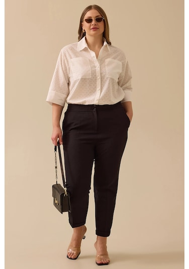 Galaxi Kadın Büyük Beden Beli Büzgülü Duble Paça Pantolon 4027 Siyah Siyah