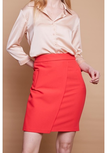 Yüksek Bel Anvelop Kruvaze Pamuklu Likralı Kumaş Kalem Ofis Etek -mercan - Mercan