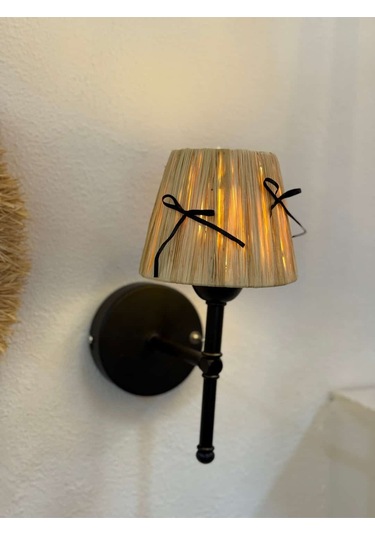 Rafya Hasır Siyah Fiyonk Kurdele Kablosuz Pilli Aplik - Alt Siyah Siyah