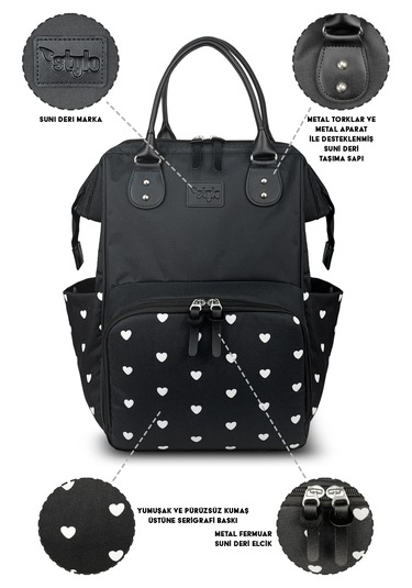 Paris X Pro Kadın Ve Anne Bebek Bakım Sırt Çantası Kalplı Siyah