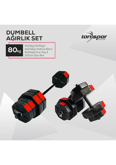 Tan Spor 80 KG Dambıl Halter Kısa Bar + Düz Bar Seti Kırmızı Kapaklı 150 CM