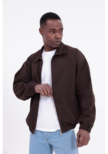 Freemen Erkek Basic Gabardin Kumaş Fermuarlı Oversize Mevsimlik Polo Yaka Ceket Kiremit