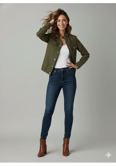 Kadın Taba Zarif Kısa Ceket Toka Detaylı Dik Yaka Cepli Süet/kaşe Baharlık Ceket Haki Yeşili