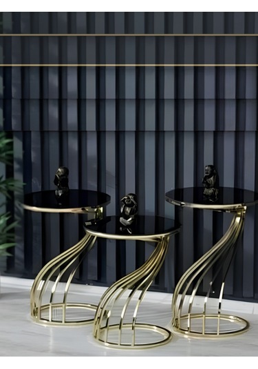 3'lü Jura Zigon Sehpa Seti Gold Ayak Siyah Cam Altın - Siyah