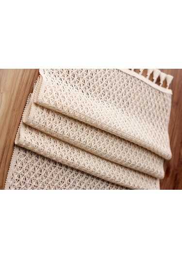 Pamuk Örme Püsküllü Krem Dantel Runner 35x145 Cm Sunum Örtüsü
