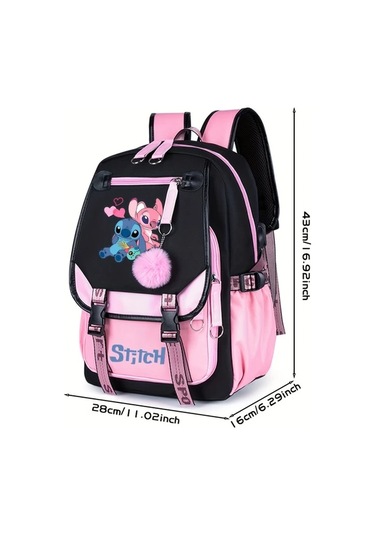Honeybeeshop Disney Stitch Siyah 2 Büyük Kapasiteli Sırt Çantası Pembe Ve Siyah Tasarım Stitch Lilo İllüstrasyonlu Hafif Polyester Seyahat Çantası Siyah 2