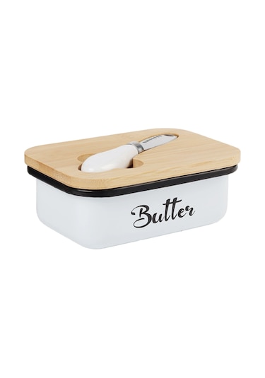 Gajeena Bambu Kapaklı Beyaz Metal Tereyağı Saklama Kutusu Ve Bıçak Seti Beyaz
