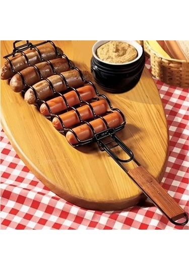 Maiyame Stoksel Çelik Sosis Izgara Aleti, Ayırırlı Kaba Tabanlı, 48.5x9cm, Ahşap Kollü, Piknik Ve Kamp İçin Uygun, Sosis, Hot Dog, Kupat Pişirme Aracı Siyah