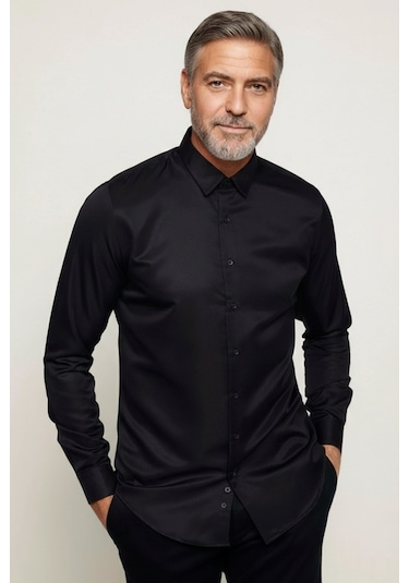 Yxc Trend Maker Slim Fit Uzun Kollu Kolay Ütü Teri Emen Nefes Alan Doku Kravatlık Dört Mevsim Erkek Gömlek Siyah