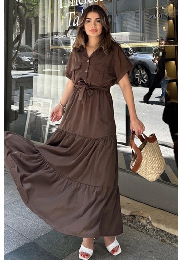 Kahve Kısa Kol, Airobin Kumaş, Yarım Patlı, Kemerli/kuşaklı, Eteği Pliseli, Cepli Maxi Uzun Elbise Kahve