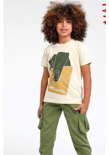 Escabel Erkek Çocuk Pamuklu Jack Lions Yazılı Tshirt-12835-krem Krem