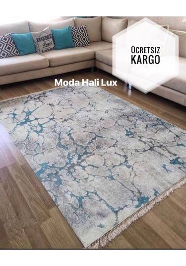 Duvar Kaymaz Tabanlı Halı Yıkanabilir Halı Yolluk Dijital Bas... Gri - Mavi