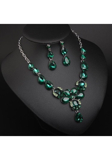 Kristal Değerli Taşlar, Köprücük Kemiği Gerdanlığı Küpe Seti, Su Damlası Kadın Aksesuarları Yeşil