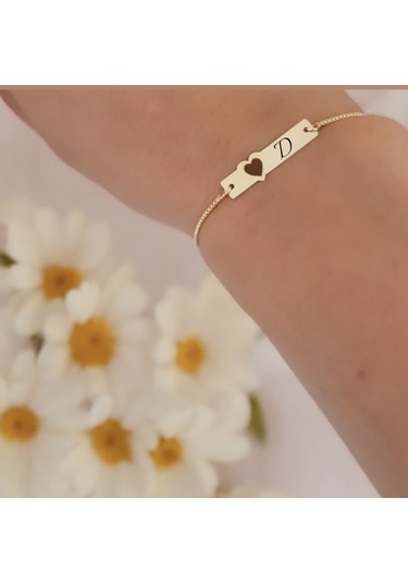 Archin D Harfine Özel Kalp Motifli 14 Ayar Altın Plakalı Zincirli Hediye Bileklik-432harf D
