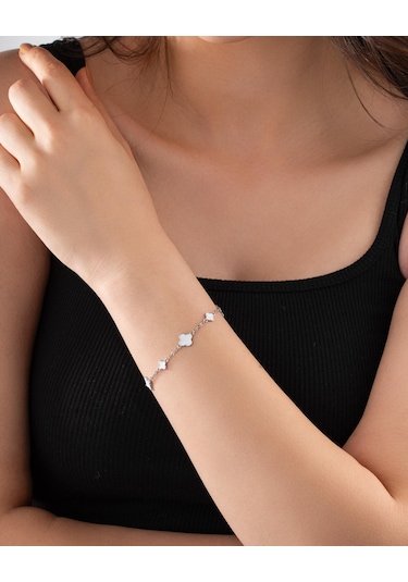 925 Ayar Rodyum Beyaz Mineli Yonca Charm Gümüş Bileklik Gümüş - Rodyum
