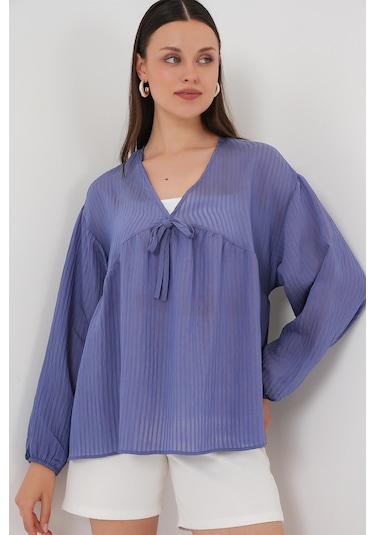 Kadın Önü Bağcıklı Uzun Kol Bluz 946 - İndigo Indigo