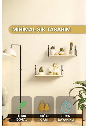 Bino Masif Ahşap Duvar Rafı  Lüks Dekoratif Banyo Mutfak Rafı 2'li