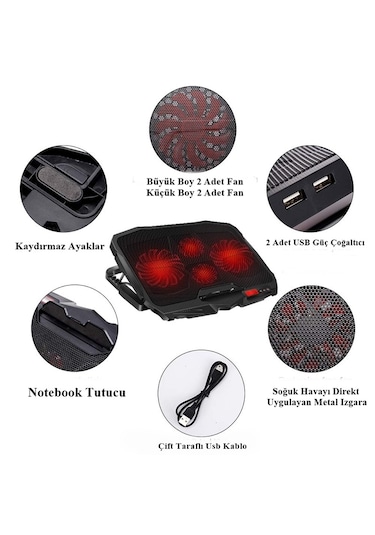 D17 Kırmızı Ledli 4 Fanlı Ayarlanabilir Leptop-notebook Soğutucu
