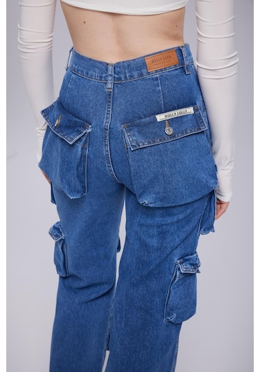 Holly Lolly Yüksek Bel Wide Leg Cargo Jean Pantolon Mavi