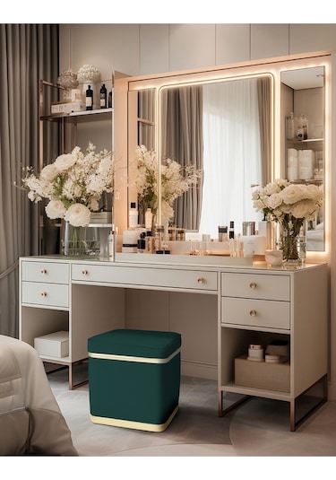 Zengo Gold Twin Line Kare Puf -yeşil Kumaş, Dekoratif Makyaj Masası Pufu-modern Style