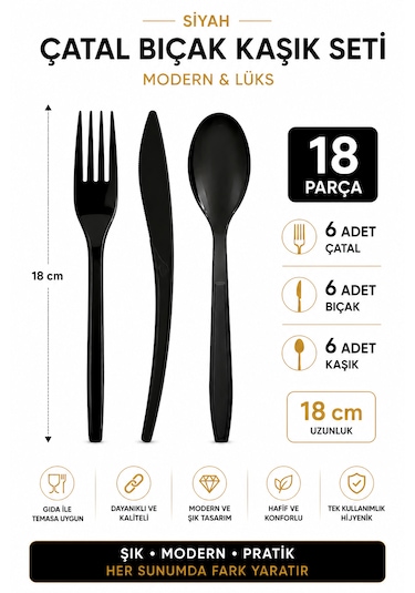 Siyah Plastik Çatal Bıçak Kaşık Seti 18 Cm 18 Parça Modern Lüks