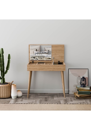2222 Flora Düşer Kapaklı Aynalı Ahşap Ayaklı 80cm Makyaj Masası