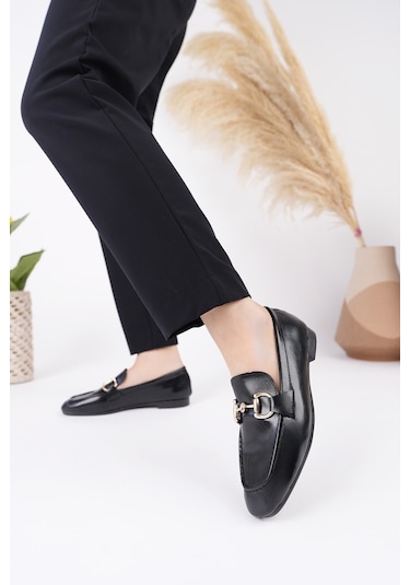 Muggo Stride Metal Tokalı Kadın Günlük Loafer Ayakkabı Siyah