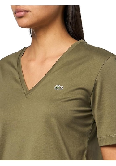 Lacoste V Yaka Organik Pamuk Bayan T-shirt Haki